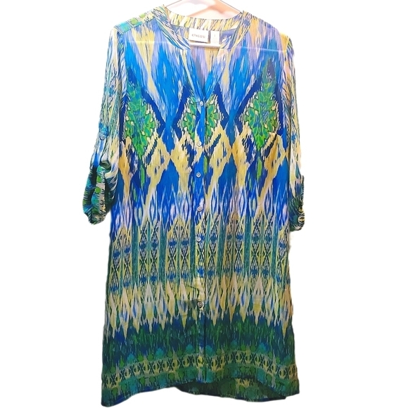 CHICOS Ikat Breeze Multicolored Semi-Sheer Tunic Woman's Size 1 - Picture 4 of 9